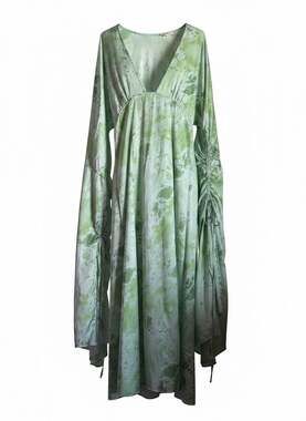 Let Me Be Green Tie-Dye Ruched Sleeve Maxi Dress Size M Fairycore Hippy